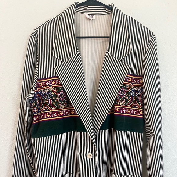 VINTAGE 80’s F Stop Cotton Green Striped Blazer - Picture 3 of 9
